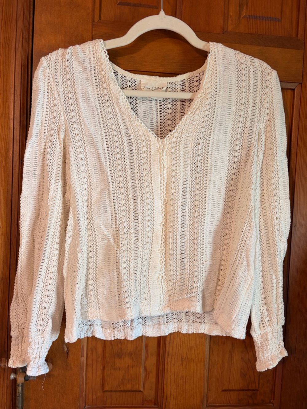 Open-Knit V-Neck Long Sleeve Top in Cream